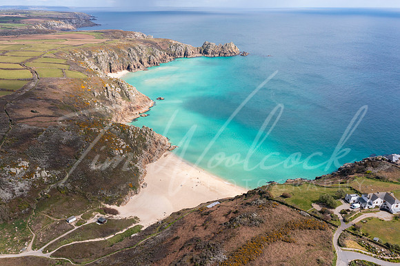 Aerial photograph of Porthcurno Beach nr Lands End, Cornwall, En