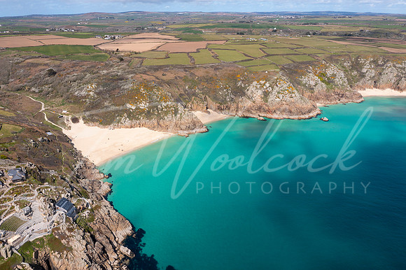Aerial photograph of Porthcurno Beach nr Lands End, Cornwall, En