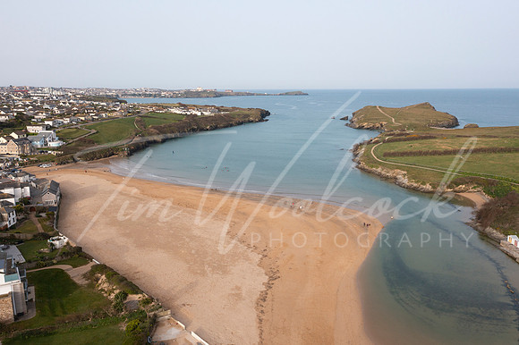 Aerial photograph of Porth Beach nr Newquay, Cornwall, England.