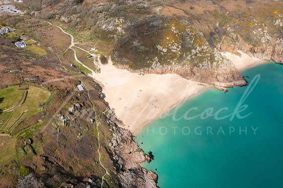 Aerial photograph of Porthcurno Beach nr Lands End, Cornwall, En