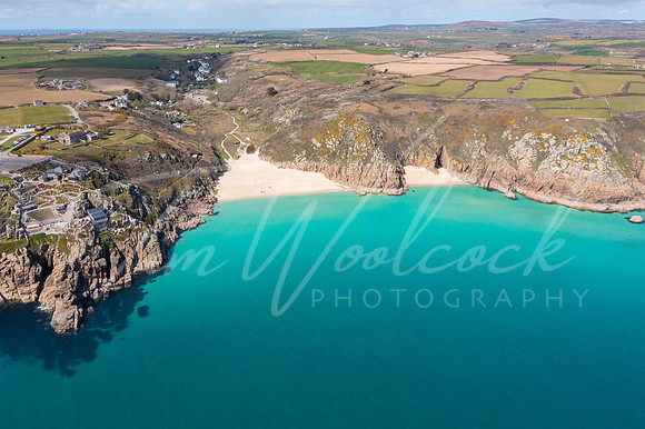 Aerial photograph of Porthcurno Beach nr Lands End, Cornwall, En