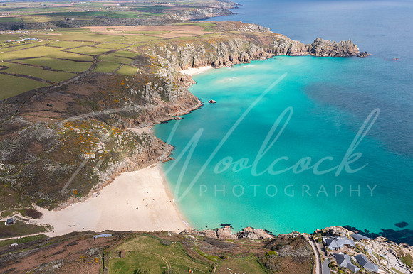 Aerial photograph of Porthcurno Beach nr Lands End, Cornwall, En