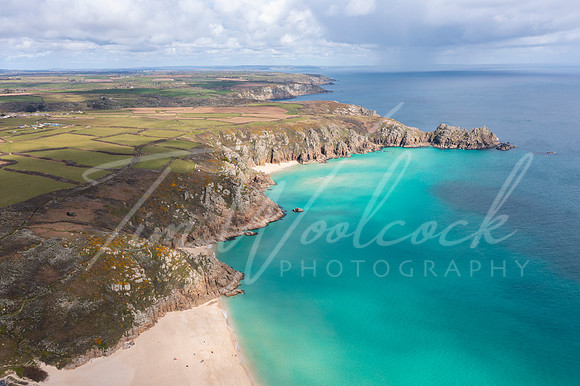 Aerial photograph of Porthcurno Beach nr Lands End, Cornwall, En