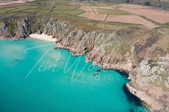 Aerial photograph of Porthcurno Beach nr Lands End, Cornwall, En