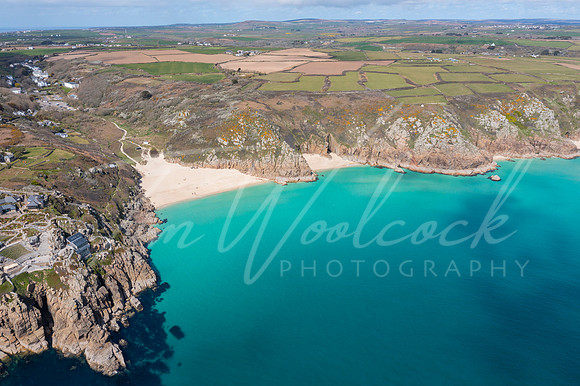 Aerial photograph of Porthcurno Beach nr Lands End, Cornwall, En