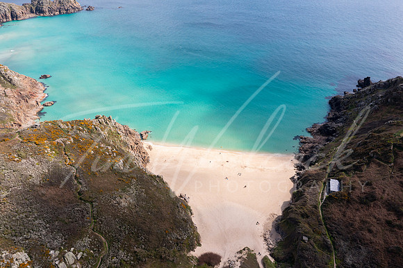 Aerial photograph of Porthcurno Beach nr Lands End, Cornwall, En