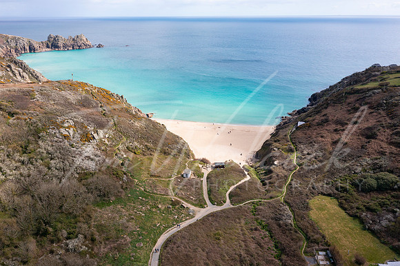 Aerial photograph of Porthcurno Beach nr Lands End, Cornwall, En