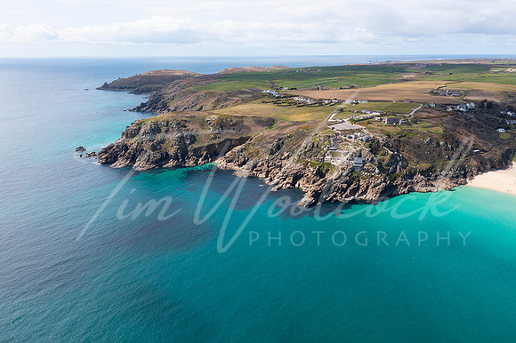Aerial photograph of Porthcurno Beach nr Lands End, Cornwall, En