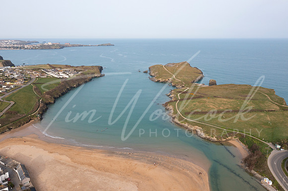 Aerial photograph of Porth Beach nr Newquay, Cornwall, England.
