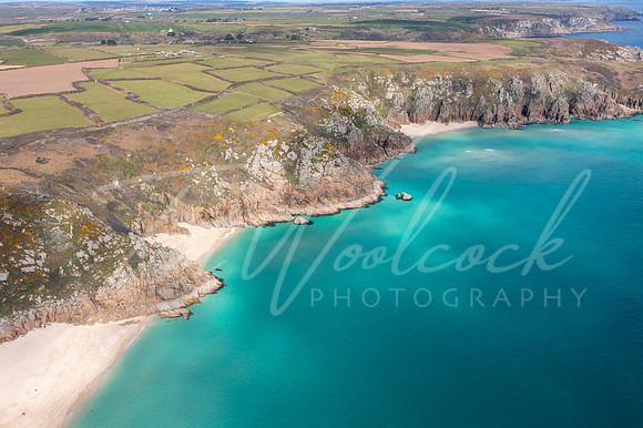 Aerial photograph of Porthcurno Beach nr Lands End, Cornwall, En