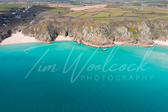 Aerial photograph of Porthcurno Beach nr Lands End, Cornwall, En