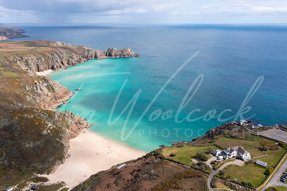 Aerial photograph of Porthcurno Beach nr Lands End, Cornwall, En
