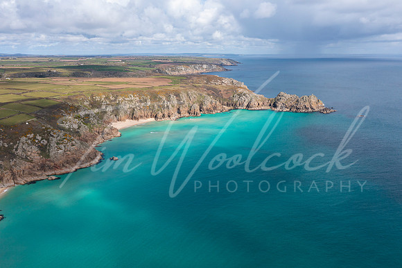 Aerial photograph of Porthcurno Beach nr Lands End, Cornwall, En