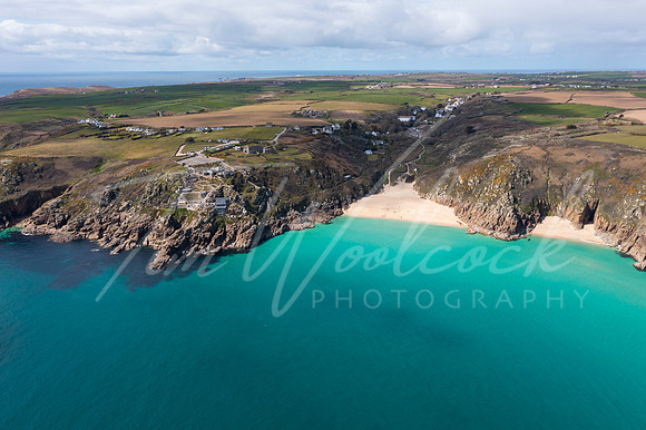 Aerial photograph of Porthcurno Beach nr Lands End, Cornwall, En