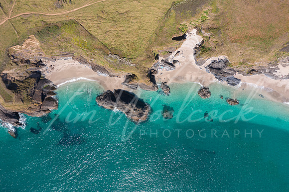 aerial photograph of Lantic Bay, Cornwall, England.